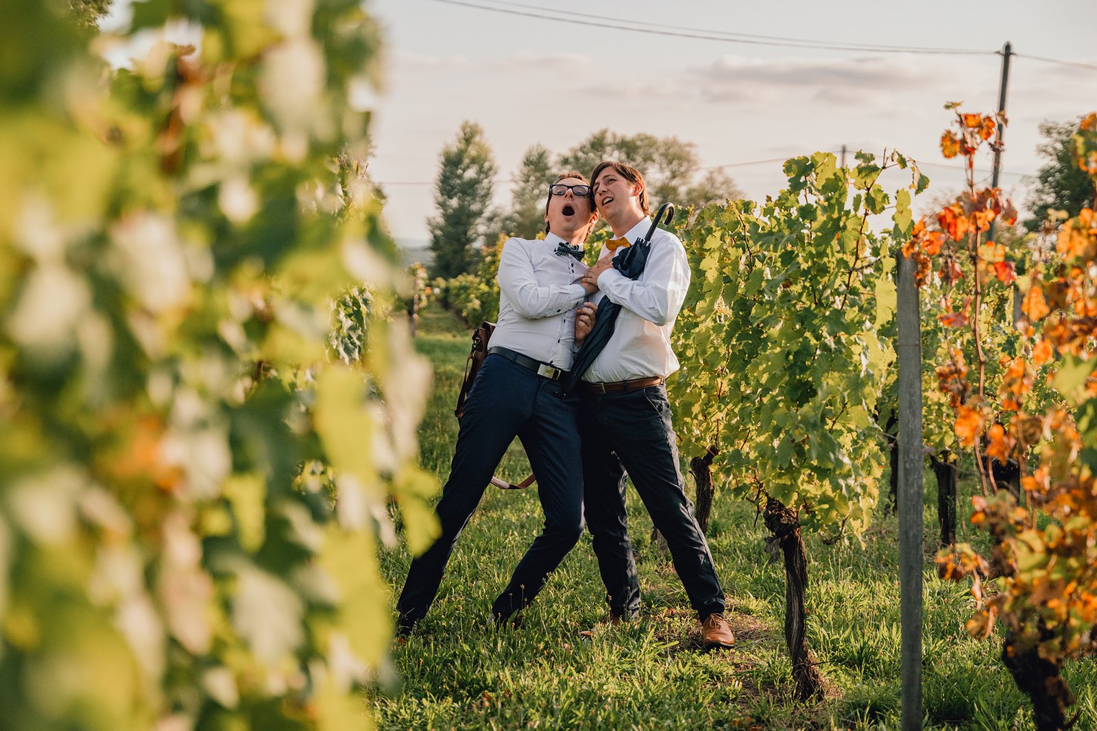 Deux comédiens du spectacle Hautes Définitions jouent une scène dans un vignoble au coucher du soleil.